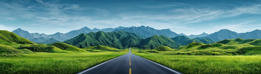 Naklejka premium Path to Success: Inspirational Empty Road Leading to Majestic Mountains in Watercolor Tones - Ideal for Your Text Message