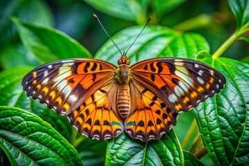 Fototapeta premium Vibrant Marbled Butterfly Resting on Green Leaves in a Lush Natural Environment Under Soft Light