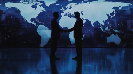 Fototapeta premium Two business people shaking hands in front of a world map backdrop.
