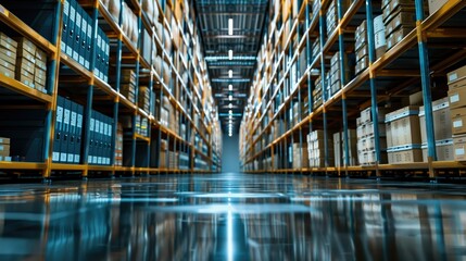 Fototapeta premium Warehouse Interior: Rows of Shelving and Bright Lights