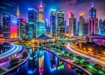 Obraz premium Vibrant Neon City Landscape at Night with Colorful Lights and Futuristic Architecture in Focus