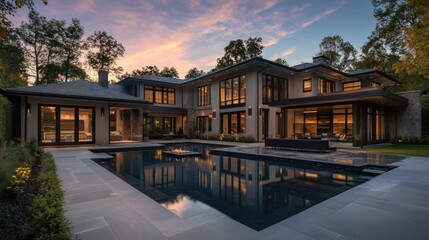 Fototapeta premium A modern luxury home with a pool and patio at sunset.