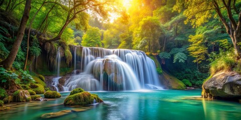 Obraz premium A Tranquil Waterfall Cascading Through Lush Foliage, Bathed in the Golden Glow of the Setting Sun