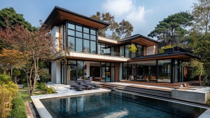 Fototapeta premium Modern home with large swimming pool and patio.