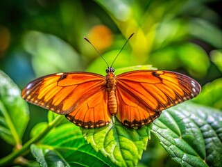 Fototapeta premium Vibrant Orange Butterfly Perched on Green Leaf in Natural Habitat Under Bright Sunlight Displaying Beauty