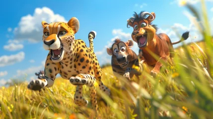  A playful scene of 3D cartoon wild animals like cheetahs, hyenas, and gazelles playing tag in an open field 3D cartoon © GenerativeAIpicture