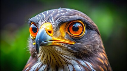 Naklejka premium A Close-Up View of a Raptor's Striking Golden Eye, Capturing its Intricate Feather Patterns and Sharp, Focused Gaze