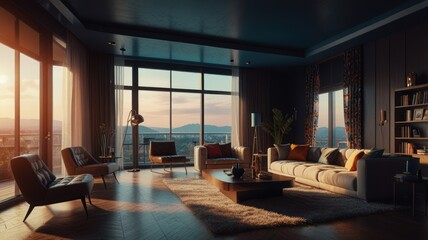 Fototapeta premium A modern living room with large windows overlooking a city skyline at sunset. The room is decorated in a contemporary style with comfortable furniture and warm lighting.