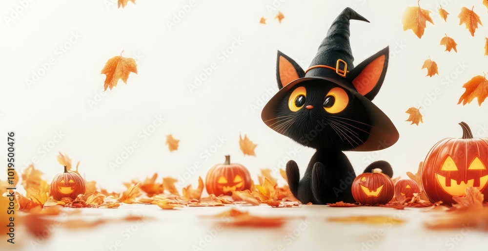 Wall mural a playful black cat wearing a whimsical witch's hat sits beside a carved pumpkin, illustrated agains