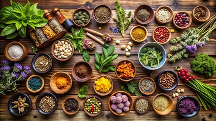 An array of colorful spices and herbs arranged on a rustic wooden surface, showcasing a symphony of flavors and aromas