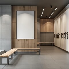 Interior of modern locker room with black walls, concrete floor and row of wooden benches.