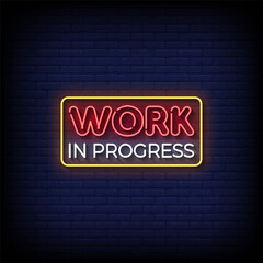 work in progress neon sign vector with brick wall background 