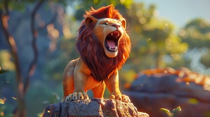 A 3D cartoon lion roaring majestically on top of a rock with a savannah backdrop 3D cartoon