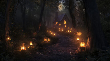 Obraz premium An enchanting forest path leading to a haunted house, lined with softly glowing lanterns that illuminate the way with a warm hue 