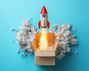Rocket launching from a cardboard box, blue isolated background.