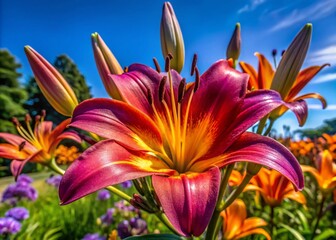 Vibrant Purple and Orange Lily Blooming in a Garden Setting Against a Clear Blue Sky Background