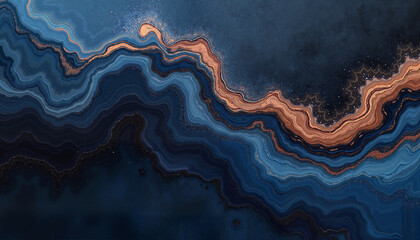 Abstract blue and gold wavy pattern in fluid art style