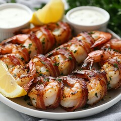 Crispy Bacon Wrapped Shrimp Appetizer with Lemon and Dipping Sauce