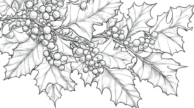 Coloring Page Featuring Bold Line Art of Christmas Holly, Ideal for Holiday Creative Activities and Relaxation