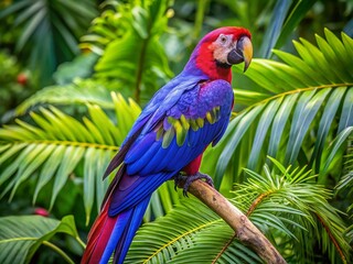 Vibrant Purple Macaw Perched on Branch Surrounded by Lush Green Foliage in Tropical Environment