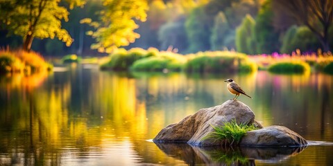 Fototapeta premium A solitary bird perched on a rock in a tranquil lake, surrounded by the gentle hues of a serene autumnal landscape.