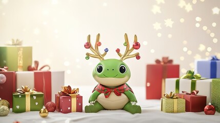 Fototapeta premium Festive Christmas scene featuring a cute turtle at the center, wearing reindeer antlers adorned with colorful Christmas ornaments. Surrounded by beautifully wrapped holiday gifts tied with vibrant 