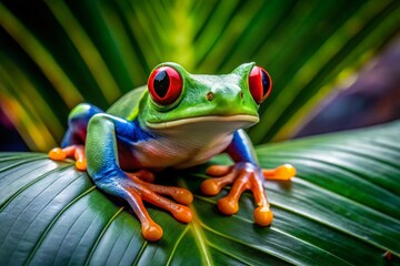 Fototapeta premium Vibrant Red Eyed Frog Resting on Green Leaf in Tropical Rainforest Environment Under Natural Light