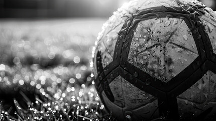Worn soccer ball sitting on a grassy field, morning dew and sunlight cast soft, warm highlights.