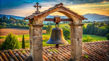 Fototapeta premium A weathered bell tower, with a wooden frame, stands against a backdrop of rolling hills and a golden sunset, its single bell poised to announce a significant moment.