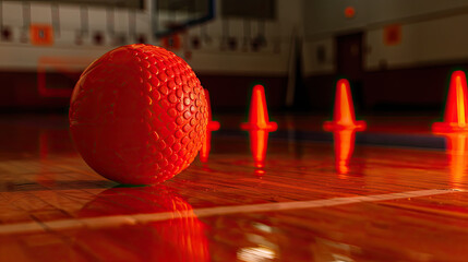 Bright red dodgeball in motion, bouncing on polished gym floor, blurred for speed, court lines visible.
