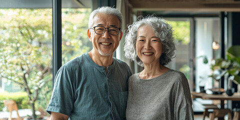 An elderly Japanese couple smiling, generative AI