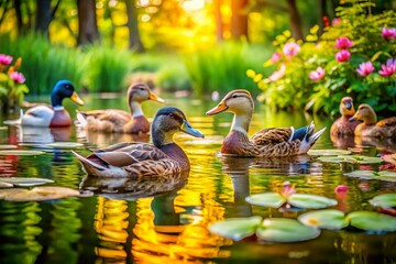 Vibrant Scene of Playful Ducks Quacking in a Scenic Pond Surrounded by Lush Greenery and Water Lilies