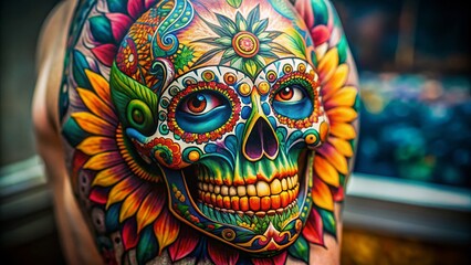Fototapeta premium Vibrant Skull Tattoo Design Featuring Colorful Patterns and Intricate Details for Body Art Inspiration