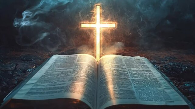 holy bible on a table with cross made of glowing fiery orange light close up with smoke Generative AI