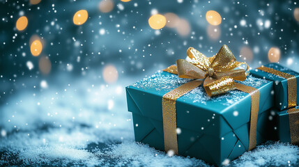 Holiday gift with golden ribbon in a snow-covered setting