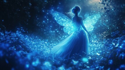 Fototapeta premium A glowing figure with butterfly wings stands in a magical, illuminated forest.