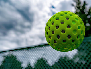Neon green pickleball with perforations mid-flight, blurred court and trees, soft overcast lighting.