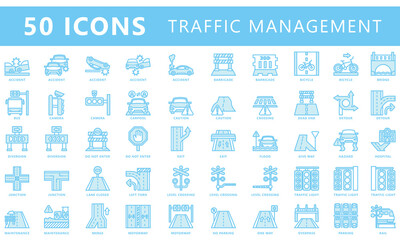 Traffic management dual tone blue color icons set. contain accident, barricade, road closing, junction, traffic light and more. Vector EPS 10 for UI or UX kit, web and app, construction, environment