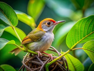 Obraz premium Vibrant Tailorbird Nesting in Lush Greenery Showcasing Nature's Beauty and Avian Craftsmanship