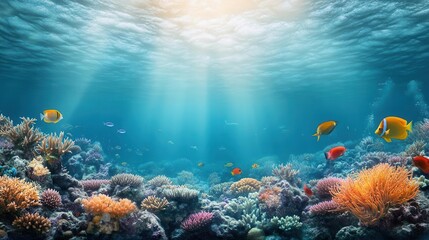 Vibrant underwater scene with colorful coral reefs and exotic fish