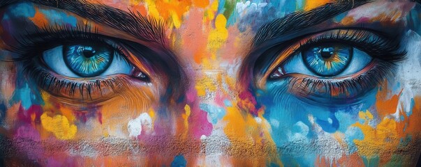 Vibrant street art scene, colorful murals, urban culture, daytime shot