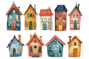 A set of whimsical colorful houses is illustrated in a minimalist style. Each house has its unique design, featuring playful shapes, bright colors, and isolation on a white background.