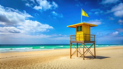 Colorful lifeguard tower on empty beach in Corralejo natural park
