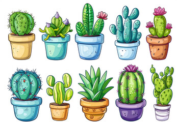 A set of cactus plants in pots clipart showcases a variety of shapes and pot designs. Each cactus has unique characteristics, they are isolated on a white background, perfect for plant-themed designs.