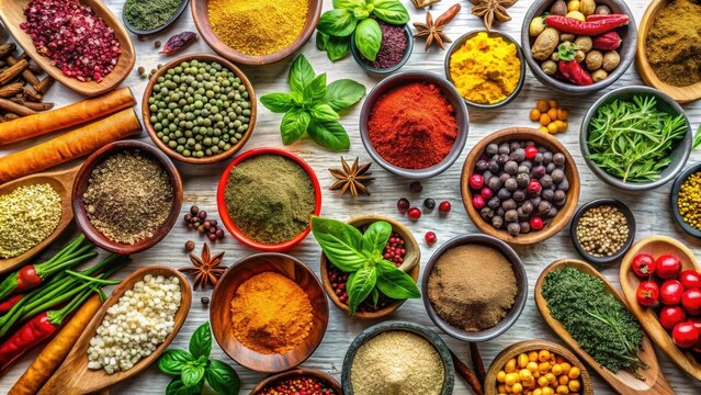 Adaptogen healthy food herb and spice collection with vibrant colors on light background , adaptogen