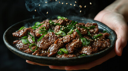 Beef stir fry with sesame seeds and green onions