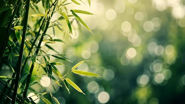 Green bamboo stalks and leaves stand out against a blurred background of a bright, sunny day