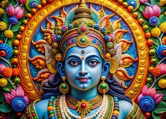 Vibrant Vishnu Avatar Depiction with Intricate Details and Rich Colors in a Spiritual Setting