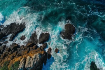 Aerial view of dark blue water with white foamy waves crashing against rocky shoreline. AI generative.