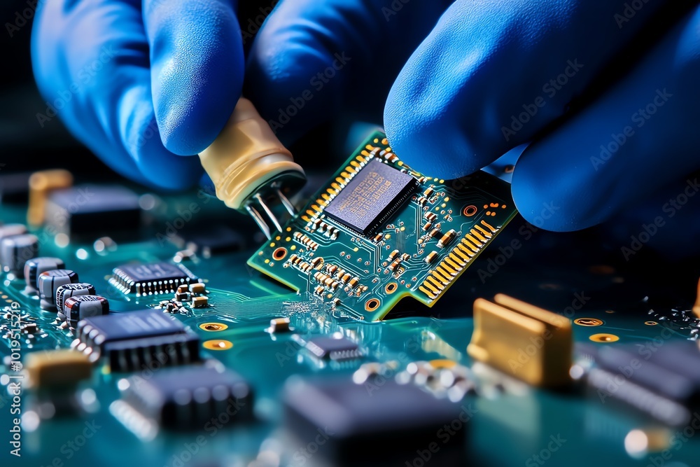 Poster Realistic depiction of reverse engineering a complex circuit board, with engineers examining each chip and resistor to recreate the design